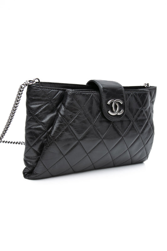 CHANEL Black Glazed Calfskin Quilted Coco Pleats Chain Clutch Bag
