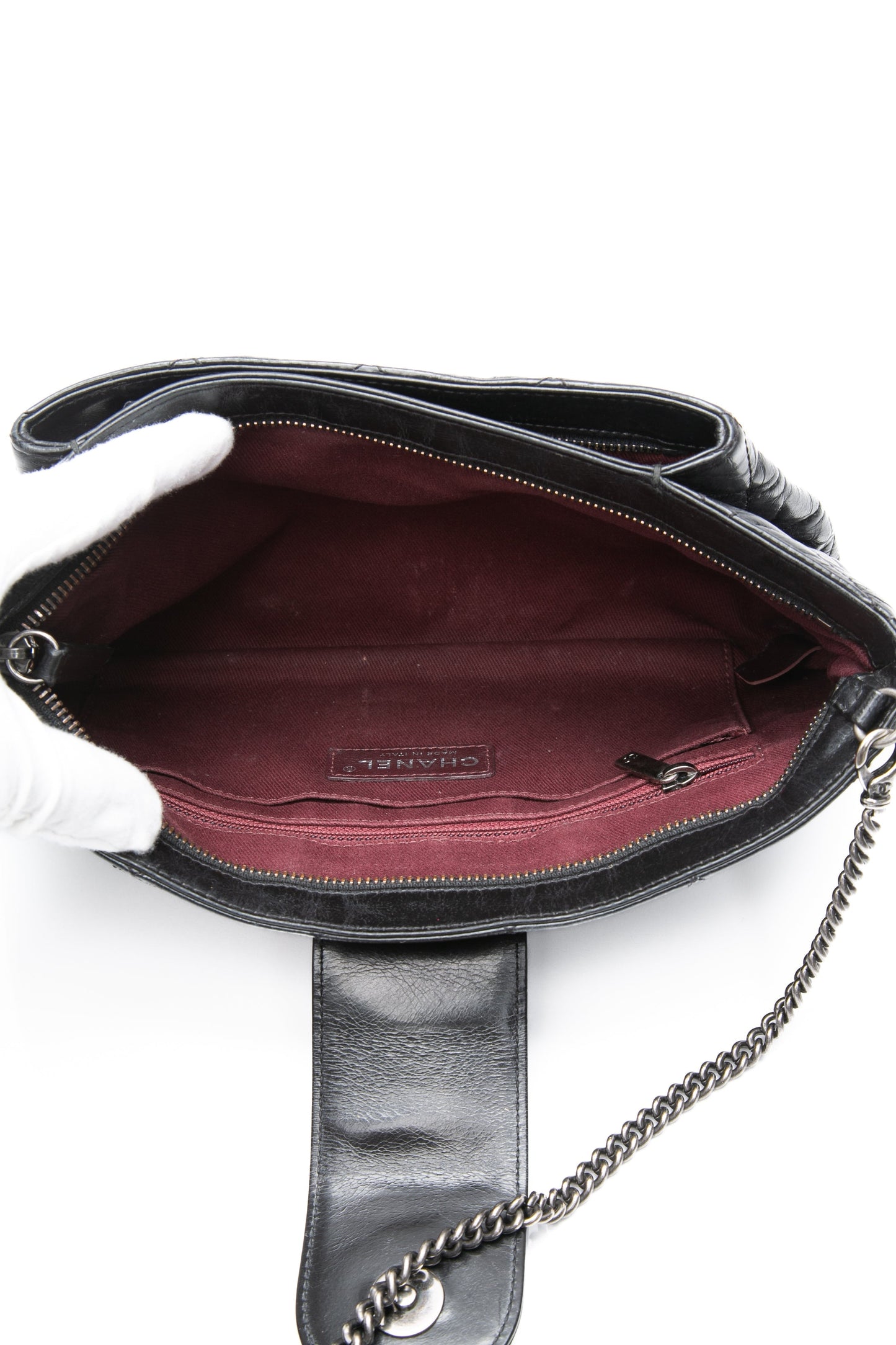 CHANEL Black Glazed Calfskin Quilted Coco Pleats Chain Clutch Bag