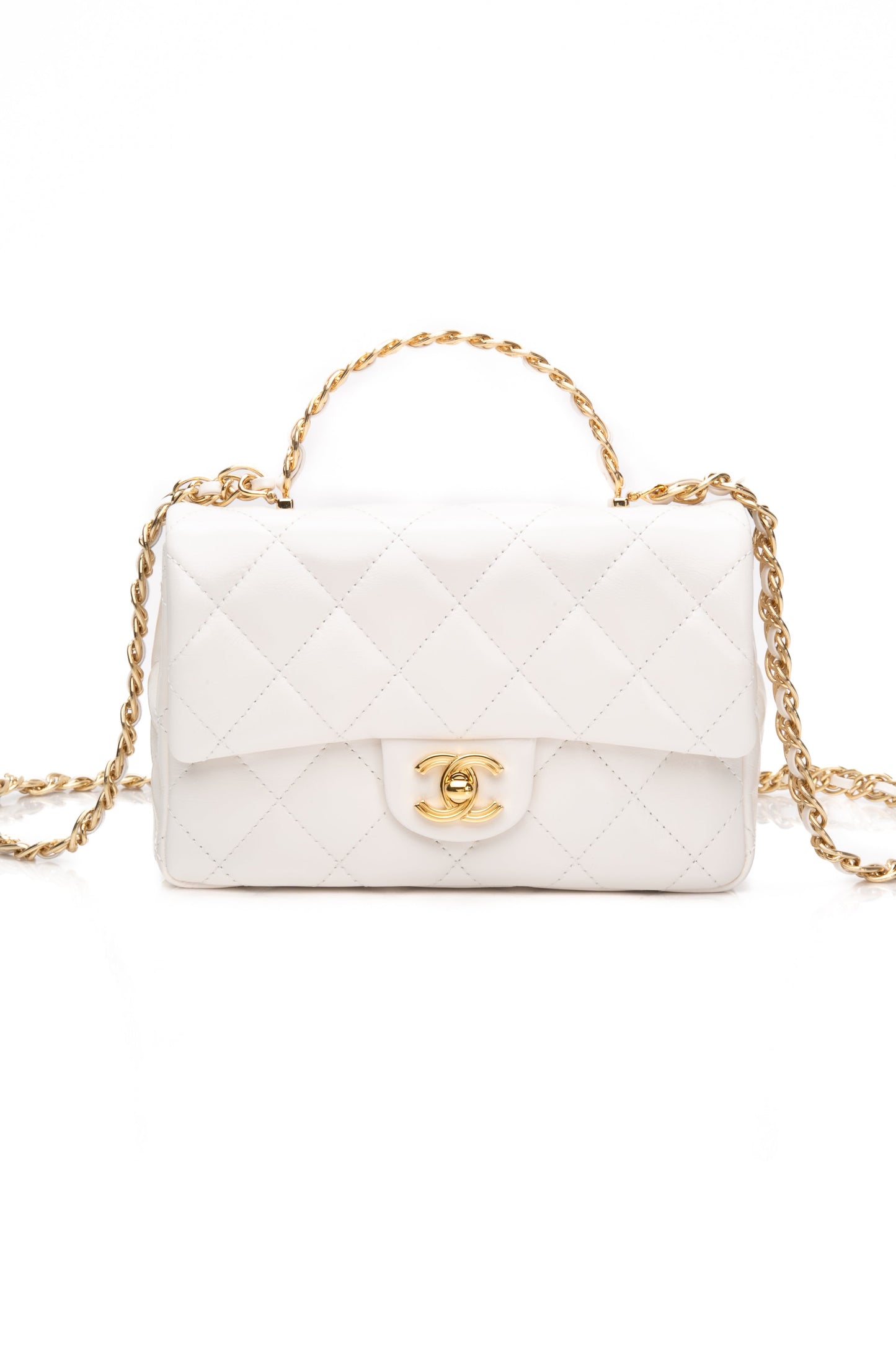 CHANEL Mini White Quilted Calfskin Top Handle Flap Bag with Chain