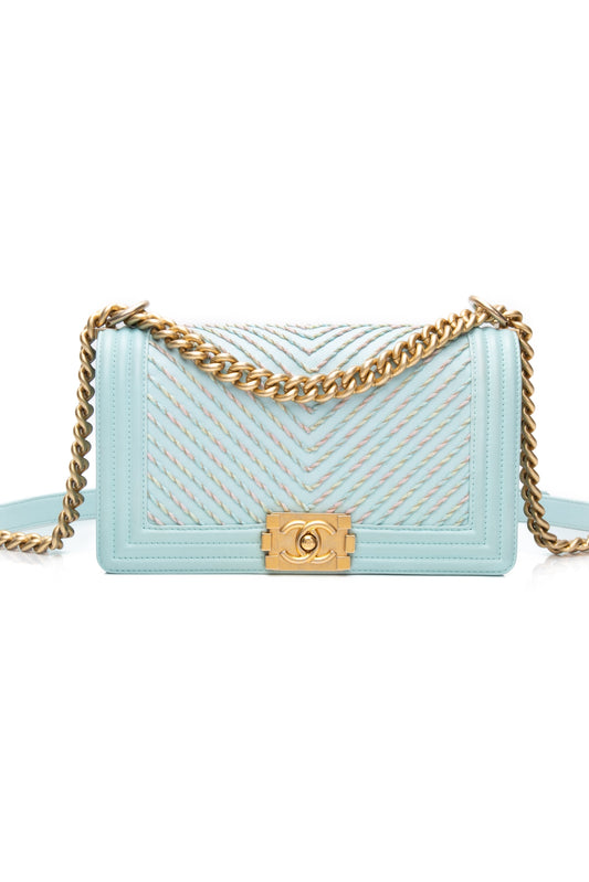 CHANEL Light Blue Calfskin Chevron Embroidered Medium Boy By The Sea Flap Bag