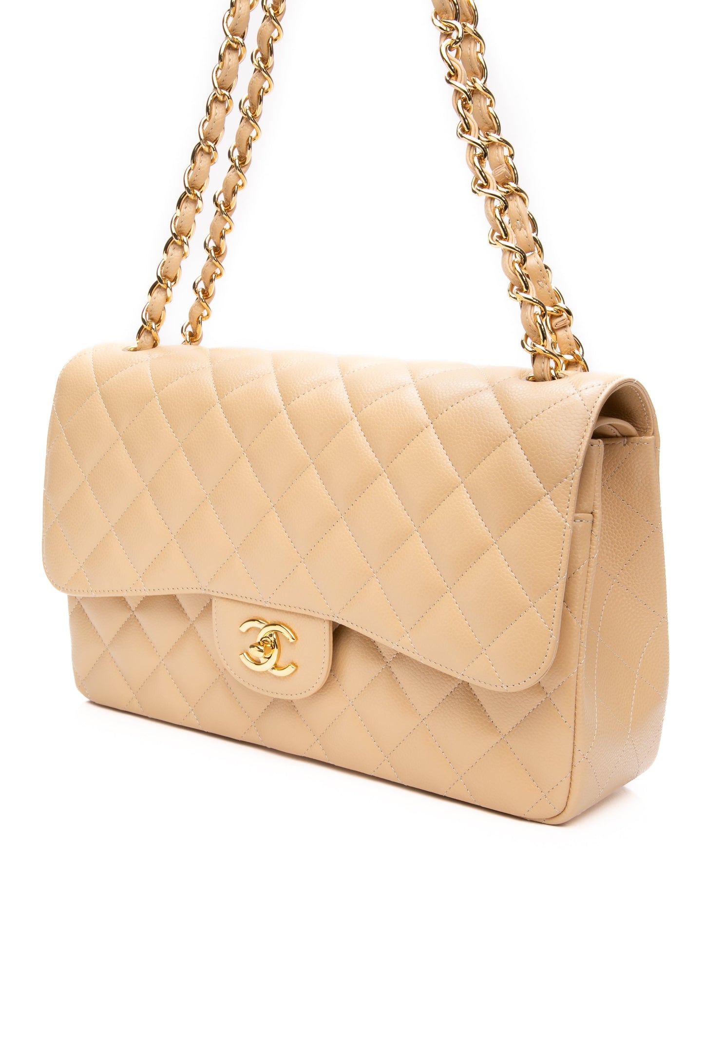 CHANEL Beige Caviar Quilted Jumbo Classic Double Flap Bag