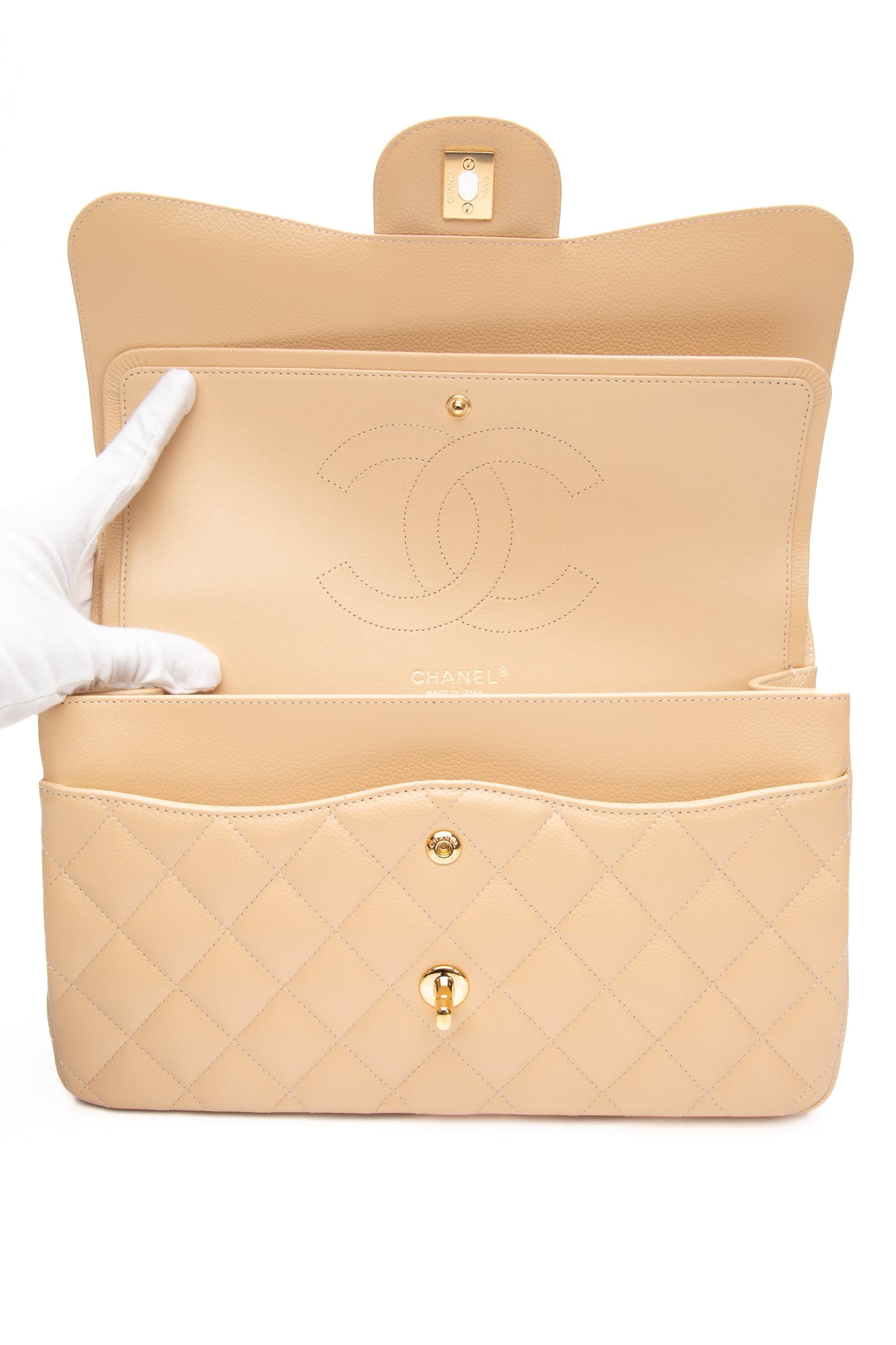CHANEL Beige Caviar Quilted Jumbo Classic Double Flap Bag