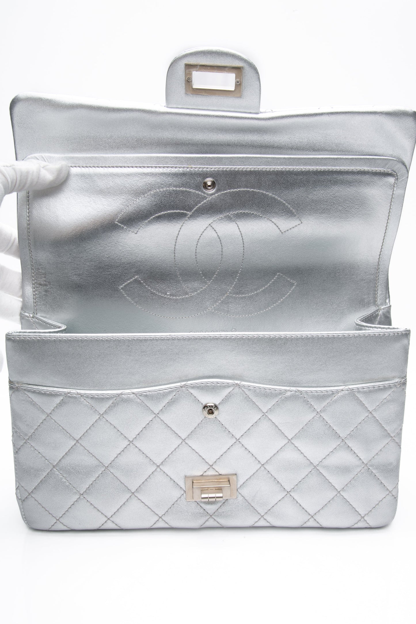 CHANEL Metallic Silver Lambskin Quilted 2.55 Reissue 277 Flap Bag