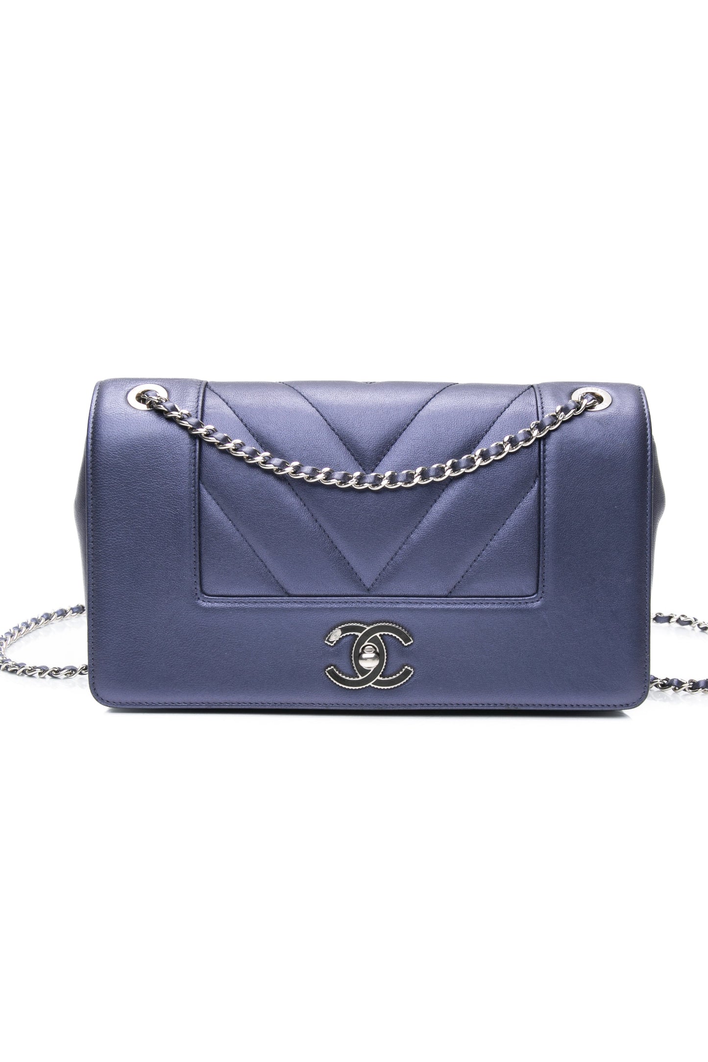 CHANEL Blue Metallic Sheepskin Chevron Quilted Medium Mademoiselle Flap Bag