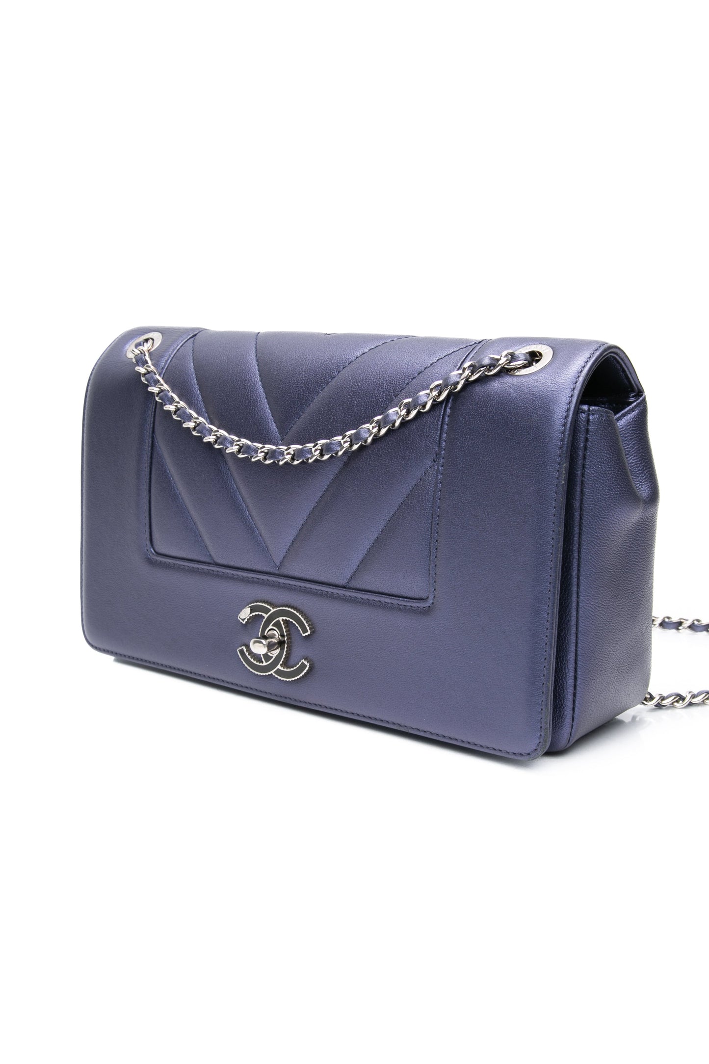 CHANEL Blue Metallic Sheepskin Chevron Quilted Medium Mademoiselle Flap Bag