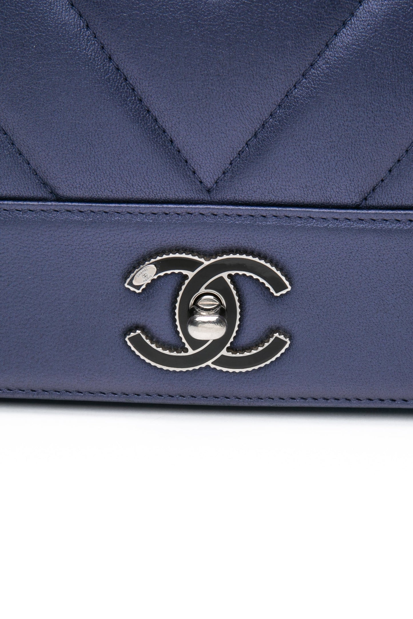 CHANEL Blue Metallic Sheepskin Chevron Quilted Medium Mademoiselle Flap Bag