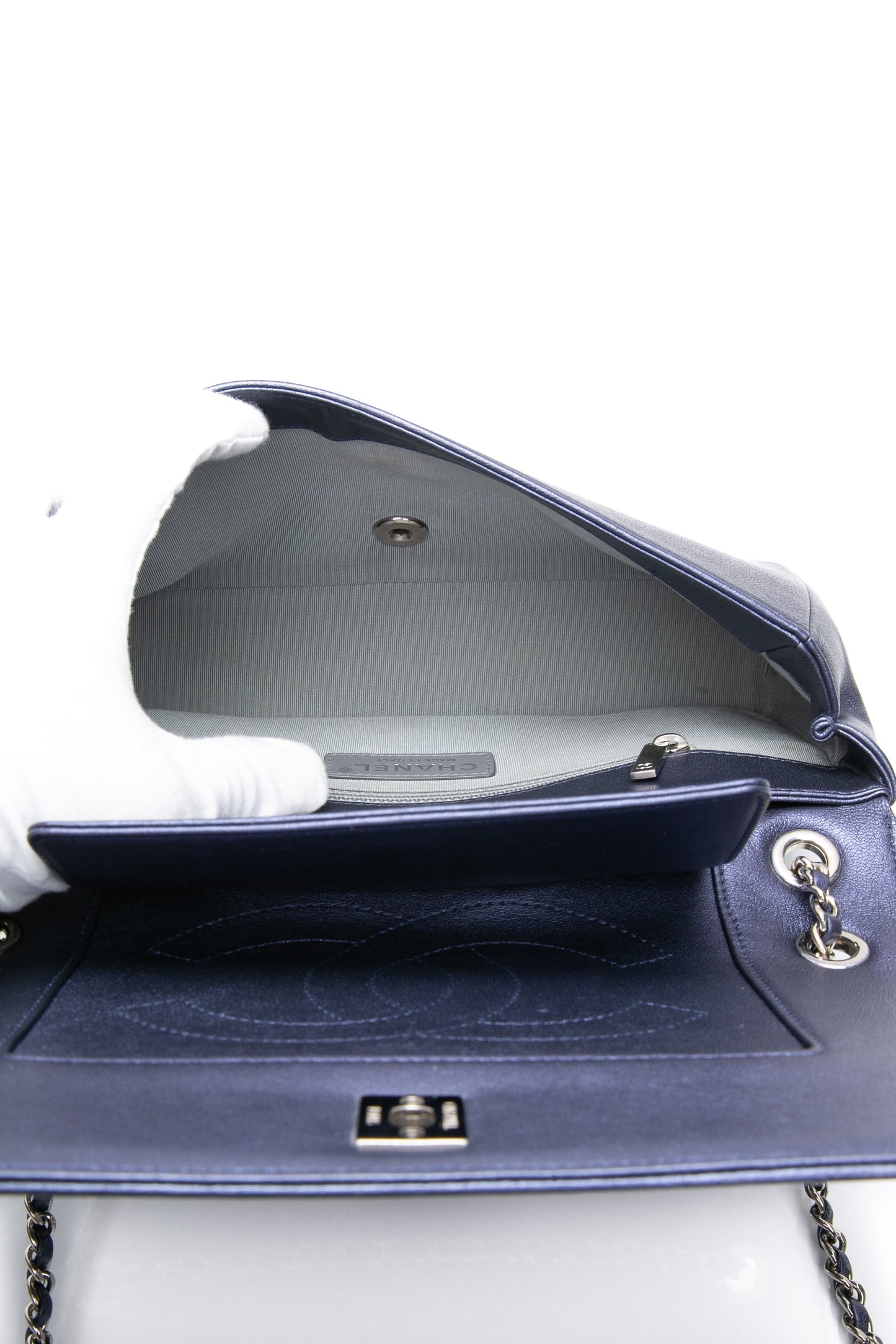 CHANEL Blue Metallic Sheepskin Chevron Quilted Medium Mademoiselle Flap Bag
