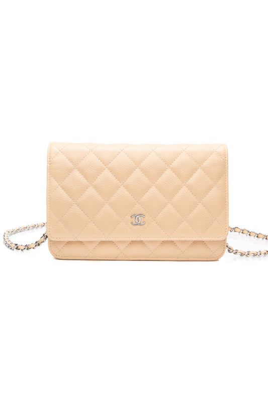 CHANEL Beige Caviar Quilted Wallet On Chain WOC