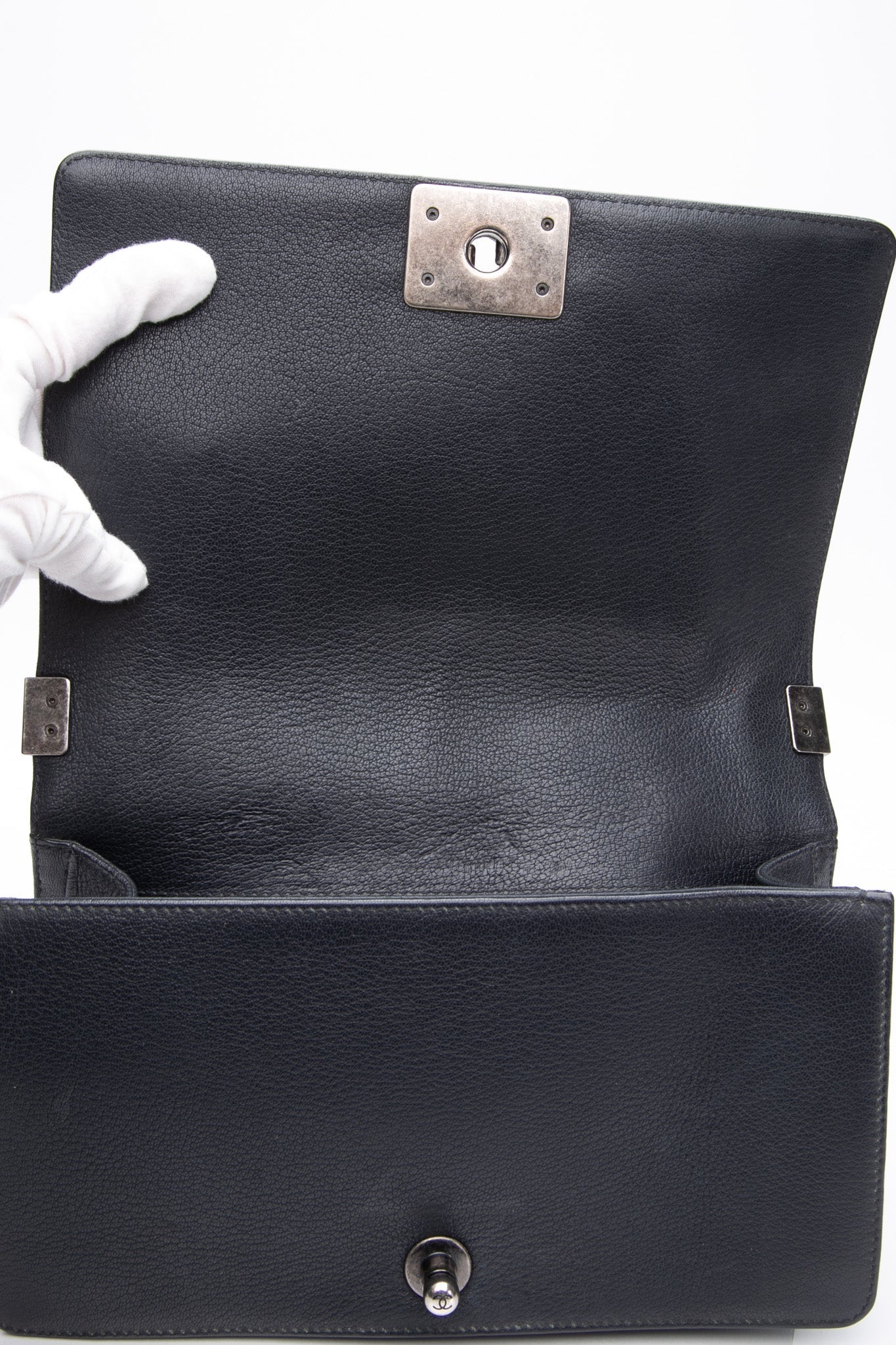 CHANEL Black Goatskin with Patent Quilted Medium Boy Flap Bag