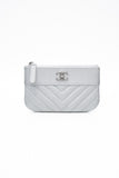 CHANEL Metallic Silver Caviar Chevron Quilted Small Mademoiselle Zip Pouch Case