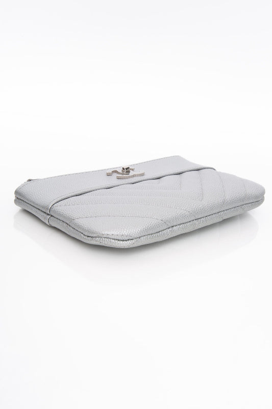 CHANEL Metallic Silver Caviar Chevron Quilted Small Mademoiselle Zip Pouch Case