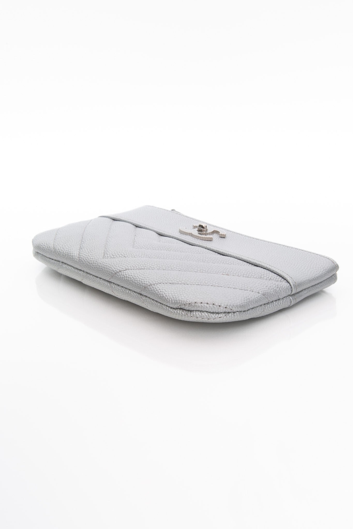 CHANEL Metallic Silver Caviar Chevron Quilted Small Mademoiselle Zip Pouch Case