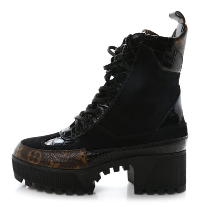 Louis Vuitton Suede Calfskin Monogram Laureate Platform Desert Boots Black