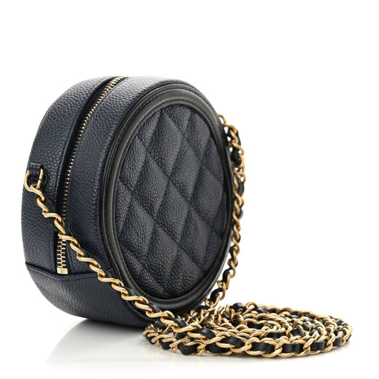 Amelia Caviar Quilted Round Filigree Crossbody Navy Black
