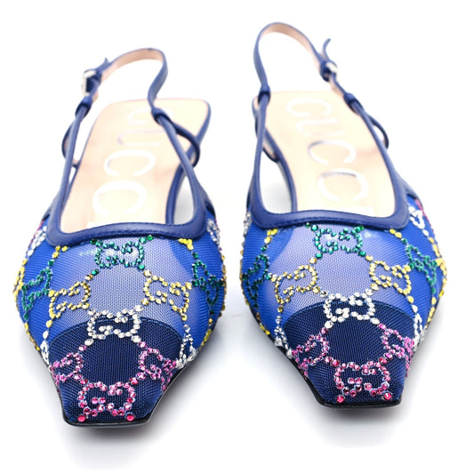 Amelia Tela Retino Nappa Charlotte Crystal GG Monogram Square G 35mm Slingback Pumps 35.5 Splash Net Blue Witch