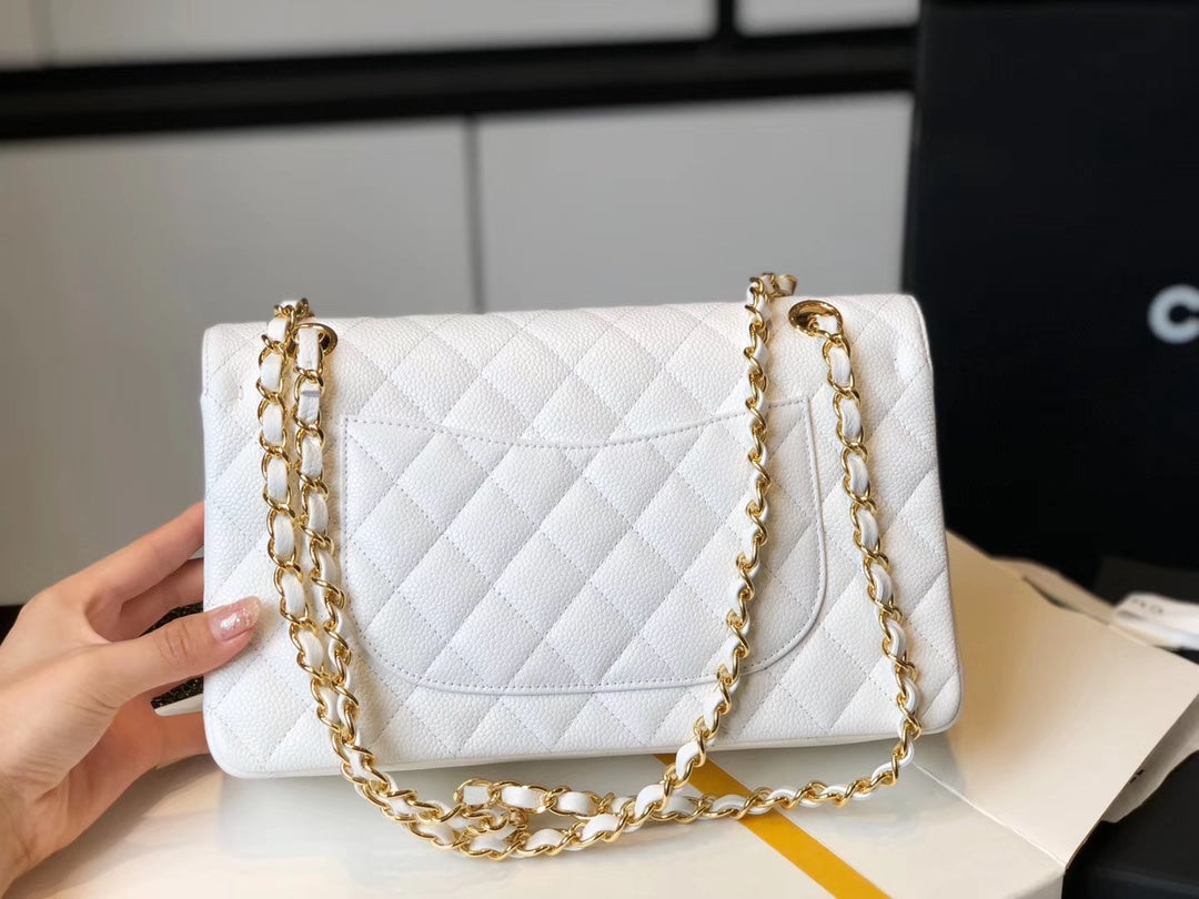 CHL -  Classic Medium Flapbag Golden Hardware White 10in/25.5cm