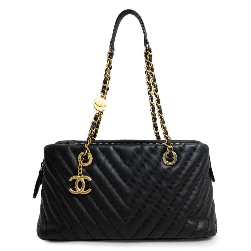 Chanel CC Mark Charm Chevron V Stitch Chain Calfskin Black
