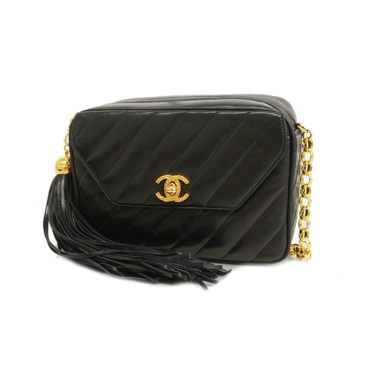 Chanel Fringe Shoulder Bag Chain Lambskin Black Gold