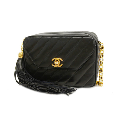 Chanel Fringe Shoulder Bag Chain Lambskin Black Gold