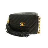 Chanel Fringe Shoulder Bag Chain Lambskin Black Gold