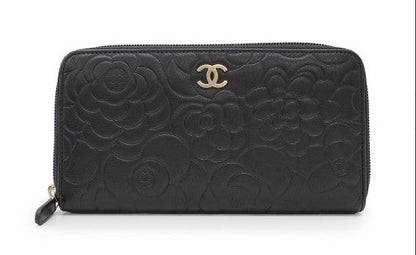 Chanel Camellia Long Wallet Black Round Fastener Lambskin Coco Mark