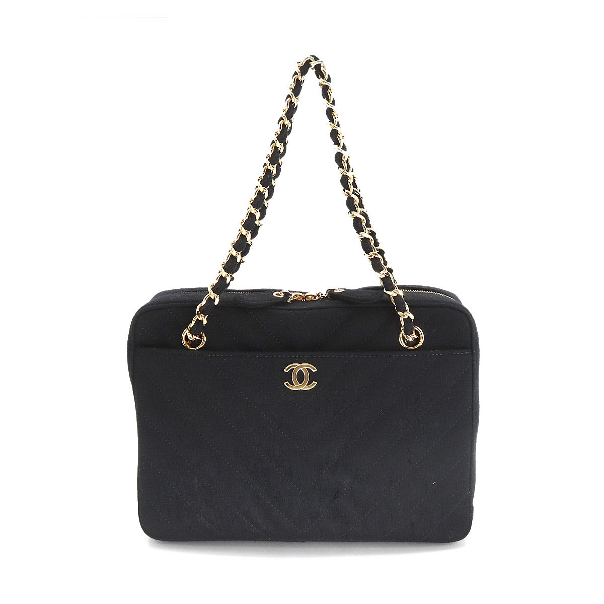 Chanel Chevron V-stitch Chain Hand Bag Jersey Black Gold Hardware