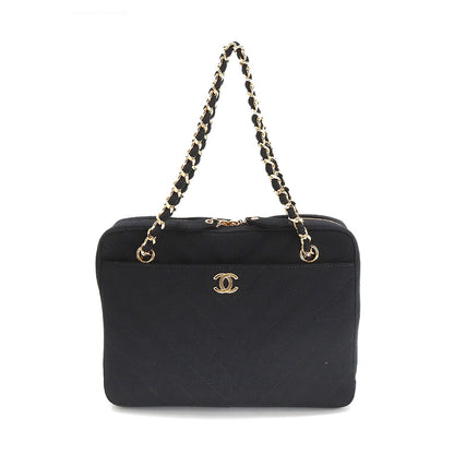 Chanel Chevron V-stitch Chain Hand Bag Jersey Black Gold Hardware