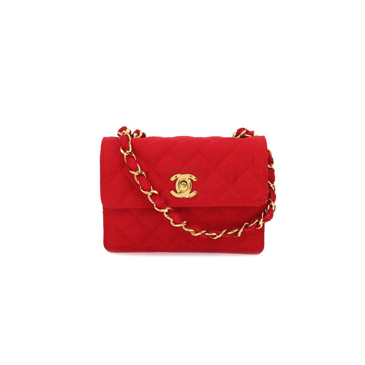 Chanel Mini Matelasse Chain Shoulder Bag Satin Red Gold Hardware