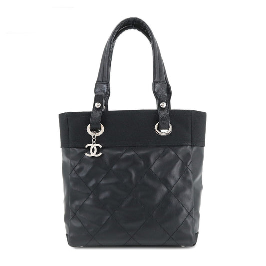 Chanel Paris Biarritz PM Tote Bag Pvc Nylon Leather Black