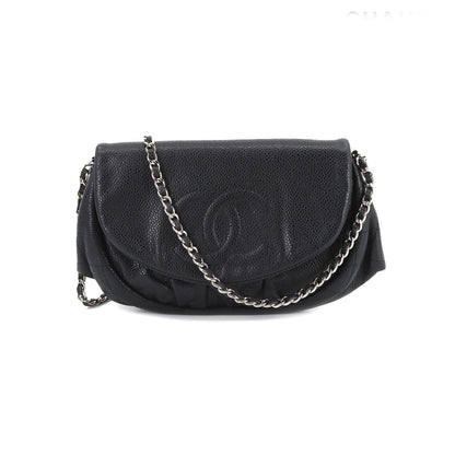 Chanel Half Moon Chain Wallet Folio Long Wallet Caviar Skin Black