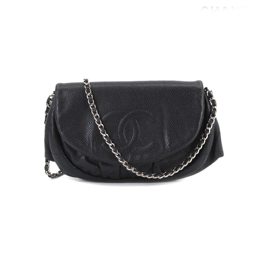 Chanel Half Moon Chain Wallet Folio Long Wallet Caviar Skin Black
