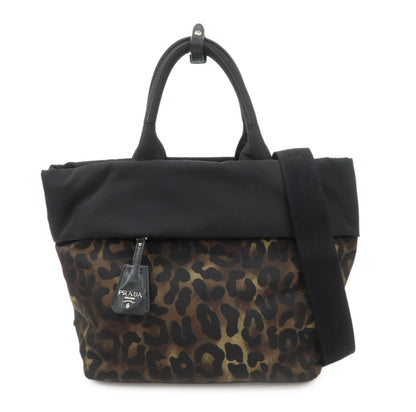 PRADA Logo Nylon 2Way Hand Tote Shoulder Bag Leopard Black B1959V