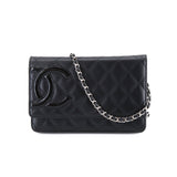 Chanel Cambon Line Chain Wallet Bifold Long Wallet Leather Enamel Black Silver Metal Fittings