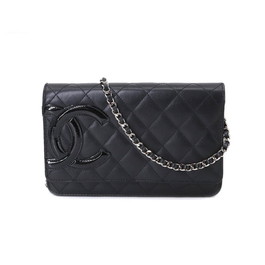 Chanel Cambon Line Chain Wallet Folio Long Wallet Leather Enamel Black Silver Metal Fittings