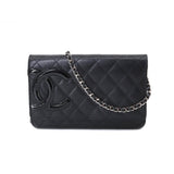 Chanel Cambon Line Chain Wallet Folio Long Wallet Leather Enamel Black Silver Metal Fittings