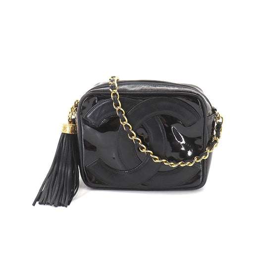 Chanel Here Mark Fringe Chain Shoulder Bag Enamel Leather Black Gold Metal Fittings