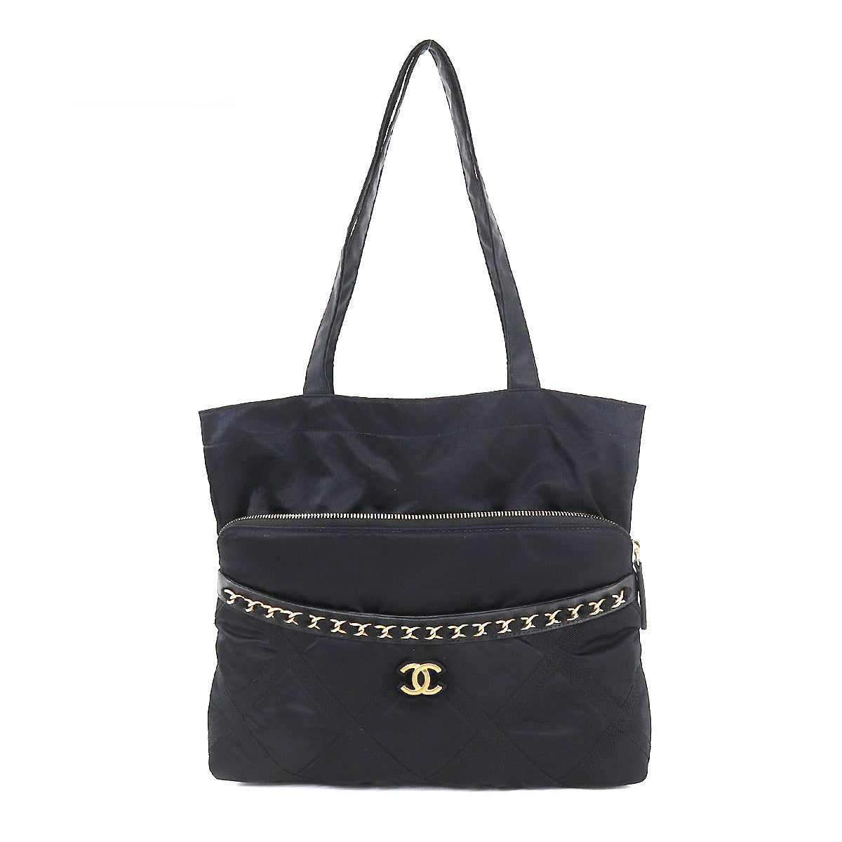 Chanel Quilted Tote Clutch Bag Nylon Leather Black Coco Mark Gold Hardware