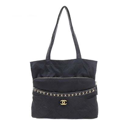 Chanel Quilted Tote Clutch Bag Nylon Leather Black Coco Mark Gold Hardware