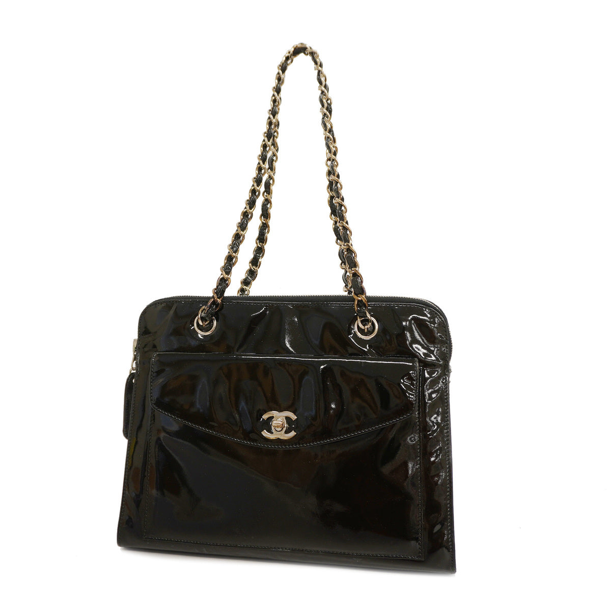 Chanel Shoulder Bag Chain Patent Leather Black