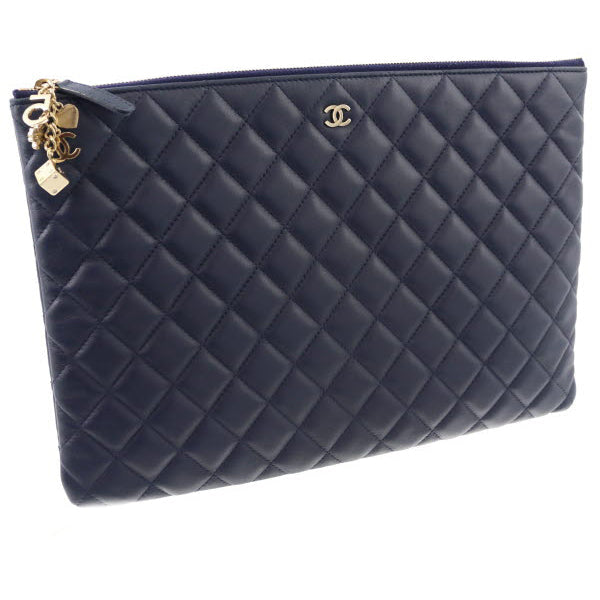 Chanel Matelasse Clutch Bag Lambskin Navy Gold Hardware