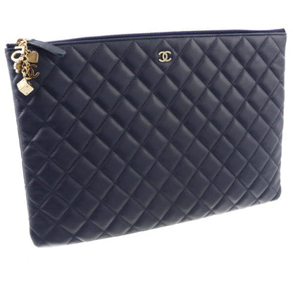 Chanel Matelasse Clutch Bag Lambskin Navy Gold Hardware