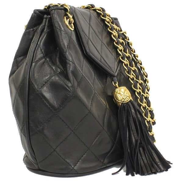 Chanel Chain Shoulder Bag Tassel Matelasse Lambskin Black