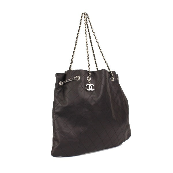 Chanel Chain Tote Bag Charm Lambskin Black Silver