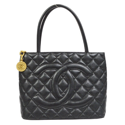 Chanel Medallion Quilted CC Hand Tote Bag Purse Black Caviar Skin