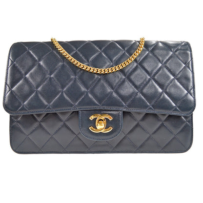 Chanel Classic Single Flap Medium Shoulder Bag Navy Lambskin