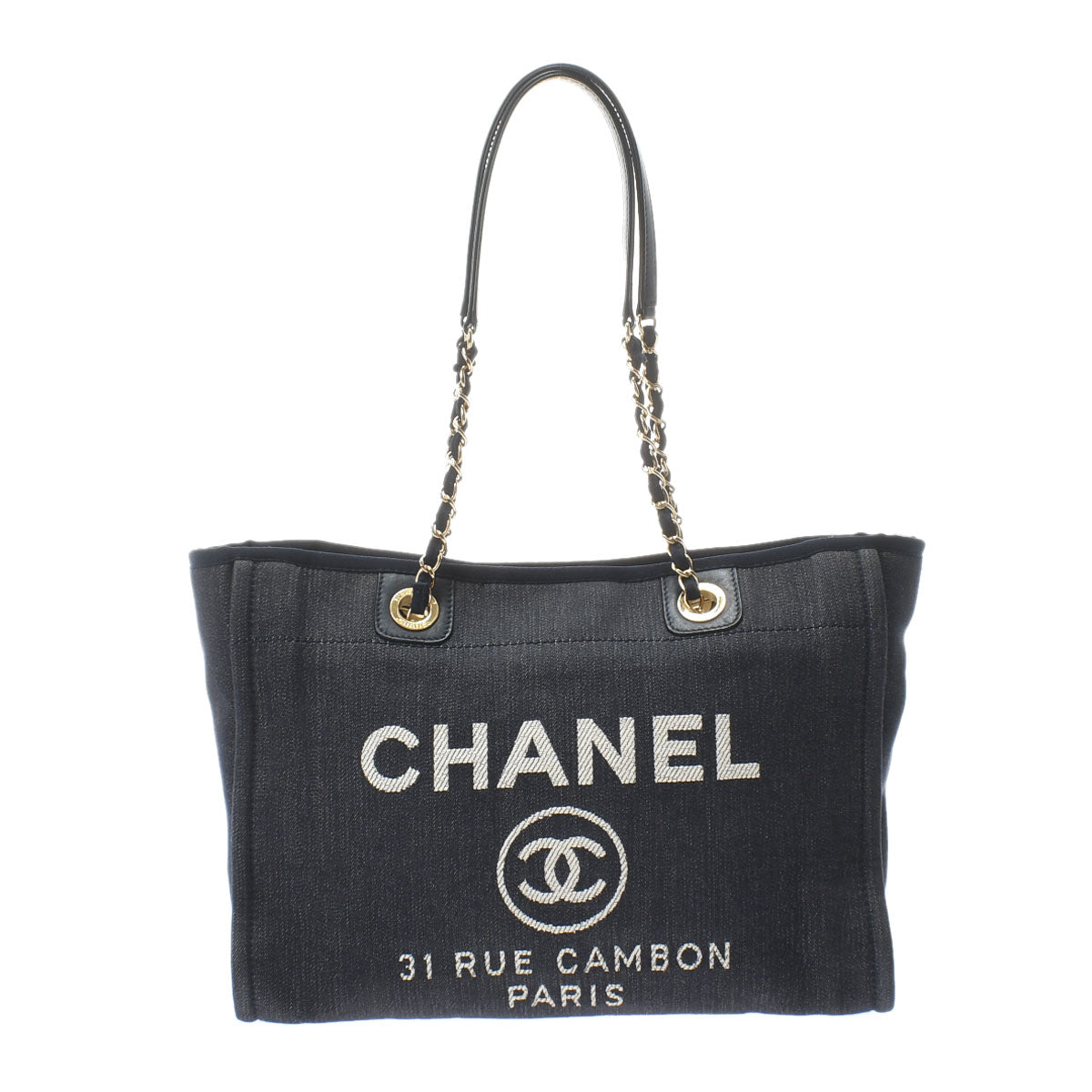 Chanel Deauville Medium Navy Gold Hardware Canvas Tote Bag