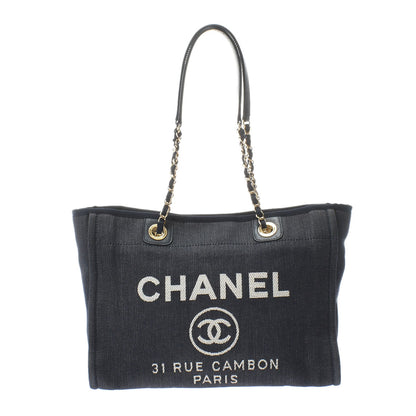 Chanel Deauville Medium Navy Gold Hardware Canvas Tote Bag