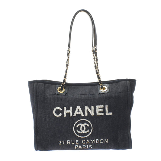 Chanel Deauville Medium Navy Gold Hardware Canvas Tote Bag