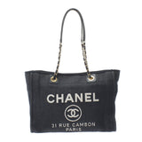Chanel Deauville Medium Navy Gold Hardware Canvas Tote Bag