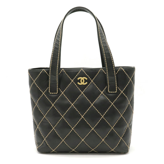Chanel Wild Stitch Handbag Tote Bag Cocomark Leather Black Gold Hardware